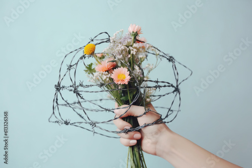 Hand holding a bouquet of barbed wire on a pastel background, created with Generative AI technology