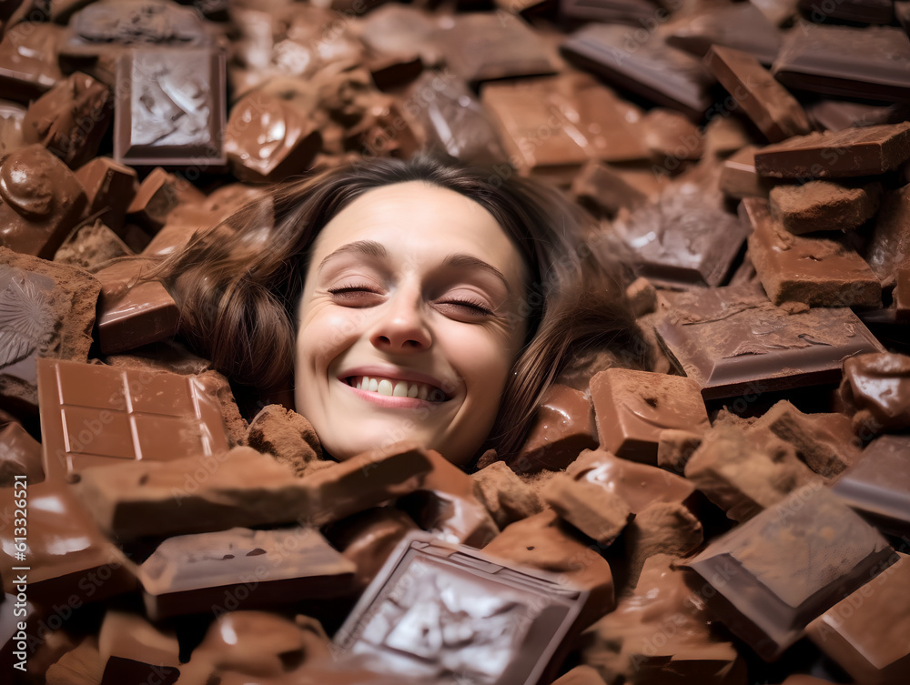 Portrait of a happy smiling young woman buried under a pile of delicious chocolate bars.