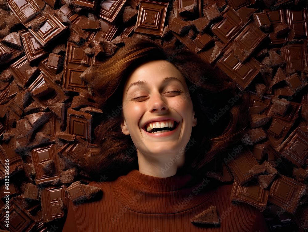 Portrait of a happy laughing young woman laying on top of a pile of delicious chocolate bars.