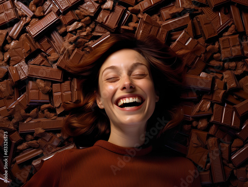 Portrait of a happy laughing young woman laying on top of a pile of delicious chocolate bars. photo