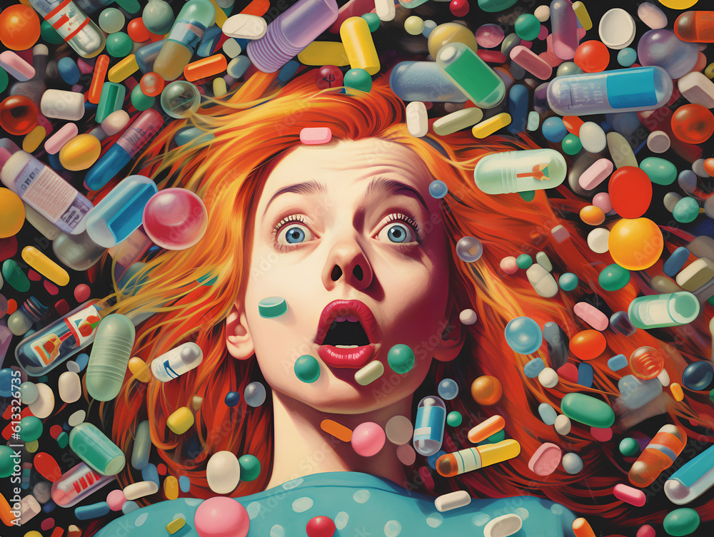 Illustration of a scared surprised redhead woman under a rain of colorful medicine pills.