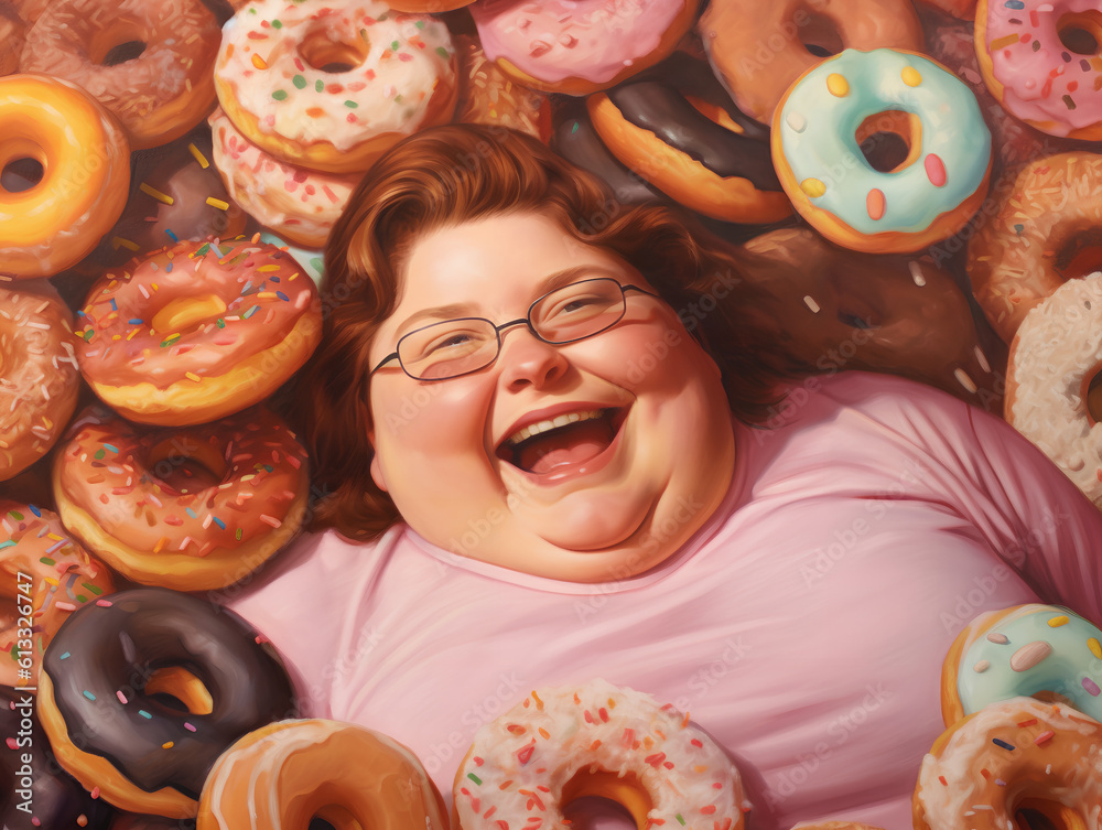 A happy overweight redhead woman wearing glasses buried in colorful yummy perfect donuts with an assortment of toppings and flavors.