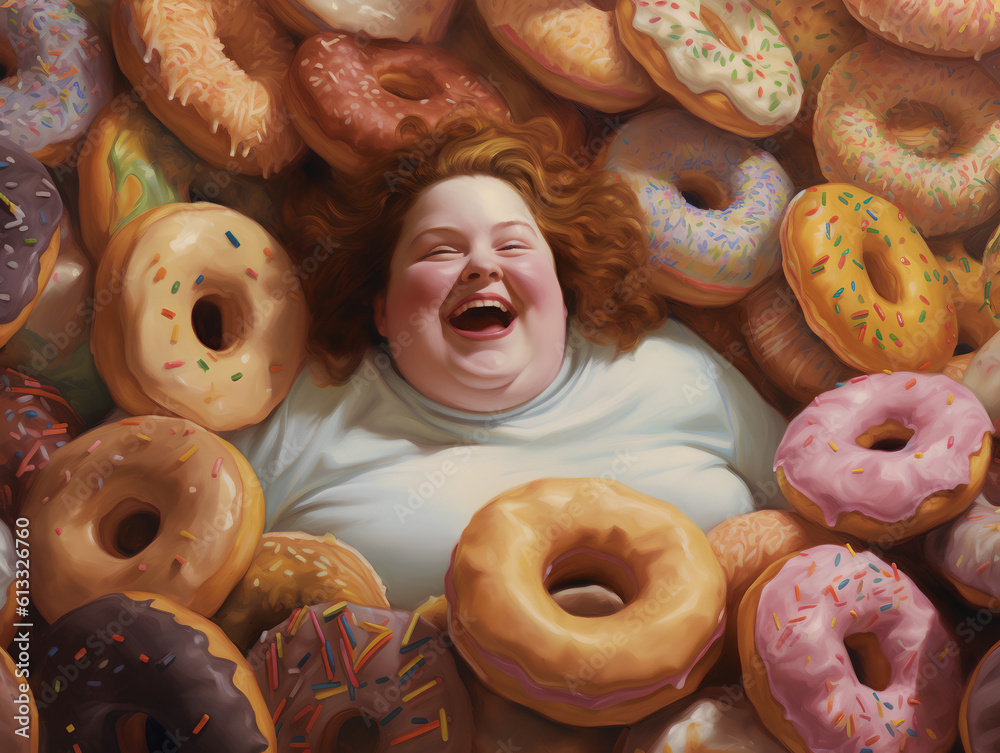 A happy overweight redhead woman buried in colorful yummy perfect donuts with an assortment of toppings and flavors.