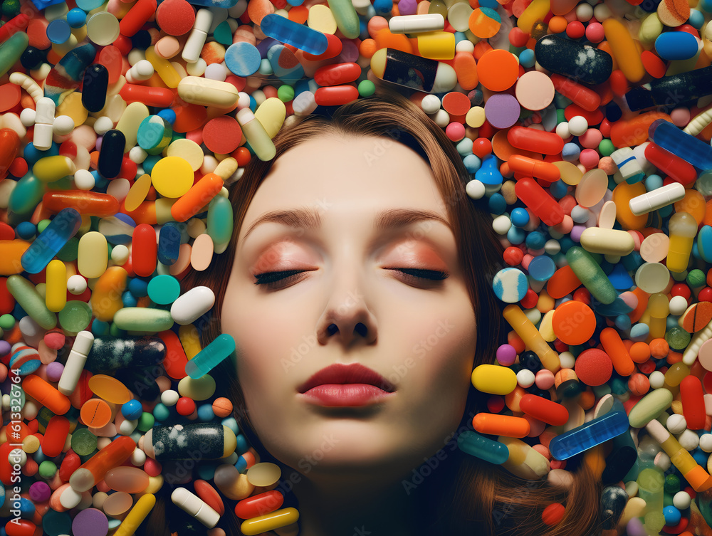 Close up of a woman's face sleeping buried in an assortment of colorful medicine pills.