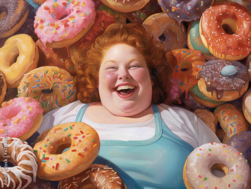 A happy overweight redhead woman buried in colorful yummy perfect donuts with an assortment of toppings and flavors.