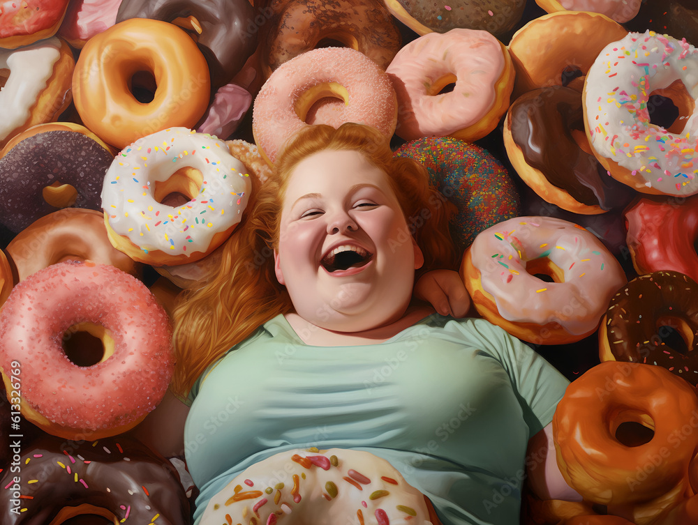 A happy overweight redhead woman buried in colorful yummy perfect donuts with an assortment of toppings and flavors.