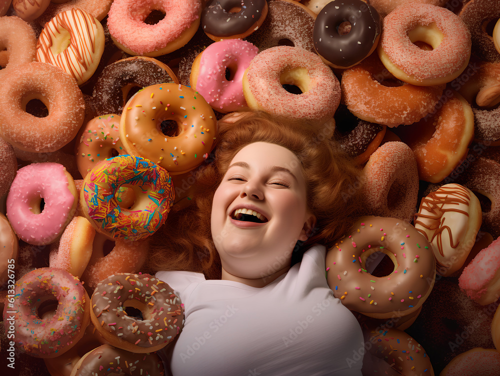 A happy overweight redhead woman buried in colorful yummy perfect donuts with an assortment of toppings and flavors.