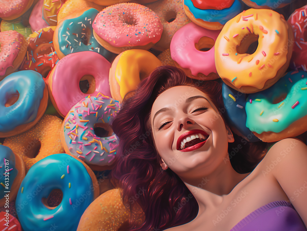 A happy smiling brunette woman buried in colorful yummy perfect donuts with an assortment of toppings and flavors.