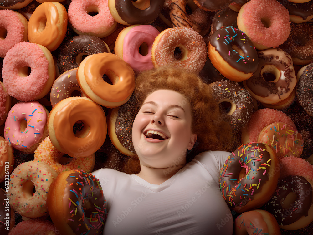 A happy overweight redhead woman buried in colorful yummy perfect donuts with an assortment of toppings and flavors.