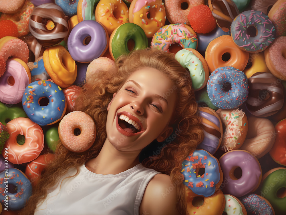 A happy smiling blonde woman buried in colorful yummy perfect donuts with an assortment of toppings and flavors.