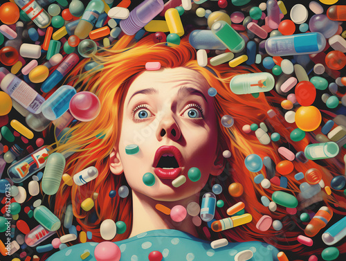 Illustration of a scared surprised redhead woman under a rain of colorful medicine pills.