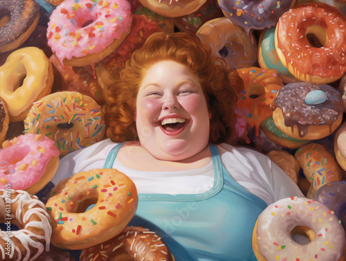 Obraz na płótnie A happy overweight redhead woman buried in colorful yummy perfect donuts with an assortment of toppings and flavors. w salonie