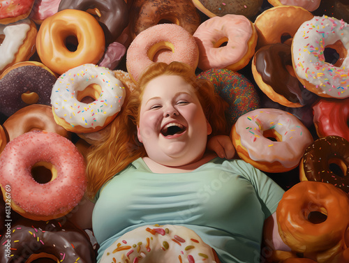 Obraz na płótnie A happy overweight redhead woman buried in colorful yummy perfect donuts with an assortment of toppings and flavors. w salonie