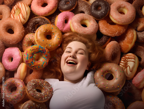Obraz na płótnie A happy overweight redhead woman buried in colorful yummy perfect donuts with an assortment of toppings and flavors. w salonie