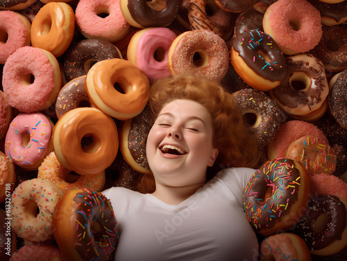 Obraz na płótnie A happy overweight redhead woman buried in colorful yummy perfect donuts with an assortment of toppings and flavors. w salonie