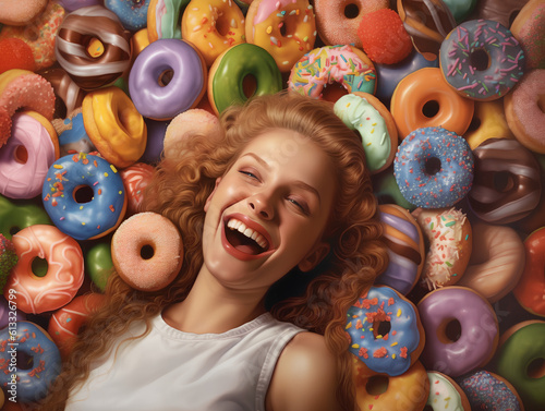 Obraz na płótnie A happy smiling blonde woman buried in colorful yummy perfect donuts with an assortment of toppings and flavors. w salonie