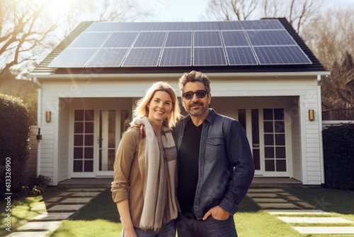 Couple enjoying their house with solar panels. Renewable and clean energy concept. Generative AI