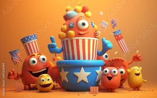 3d render of American USA Independence Day celebration with hat, cute cartoons, flags, firecrackers 