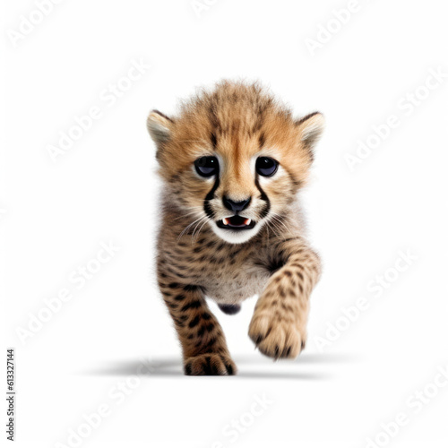 Adorable Cute Funny Baby Cheetah wild cat Running Close Up Portrait Photo Illustration on White Background Nursery  Kid s  Children s room  pediatric office Digital Wall Print Art Nature Generative AI