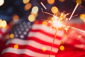 Sparkles with lights in soft focus and American flag on the background. July forth celebration. The Independence day backdrop. Abstract minimalistic wallpaper with space for text. 