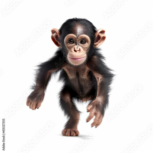 Adorable Cute Funny Baby Chimpanzee Running Close Up Portrait Photo Illustration on White Background Nursery, Kid's, Children's room, pediatric office Digital Wall Print Art Nature Generative AI