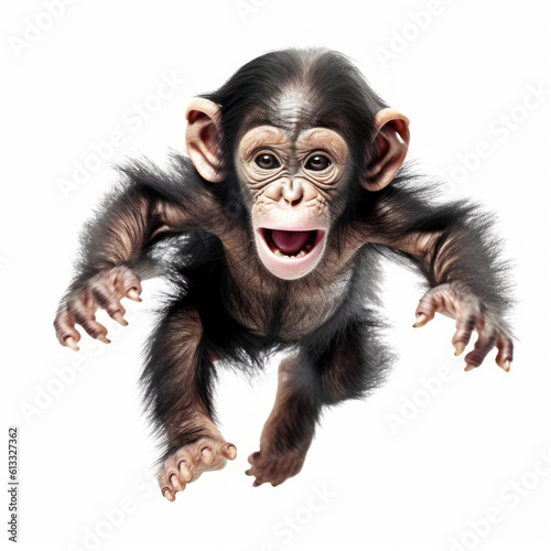 Adorable Cute Funny Baby Chimpanzee Running Close Up Portrait Photo Illustration on White Background Nursery, Kid's, Children's room, pediatric office Digital Wall Print Art Nature Generative AI © Boxels