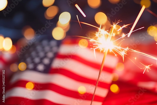 Sparkles with lights in soft focus and American flag on the background. July forth celebration. The Independence day backdrop. Abstract minimalistic wallpaper with space for text. 