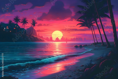 Beautiful beach landscape with a beach house and a city in the background. 80s Retrowave theme. 