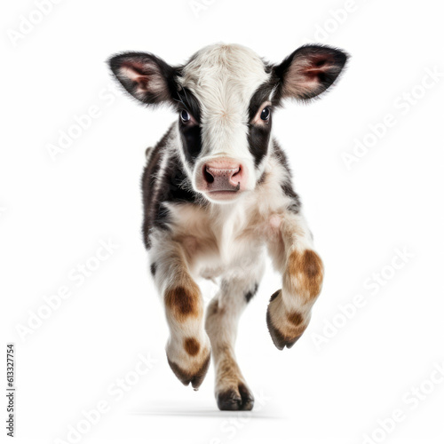 Adorable Cute Funny Baby Cow Calf Animal Running Close Up Portrait Photo Illustration on White Background Nursery, Kid's, Children's room, pediatric office Digital Wall Print Art Nature Generative AI
