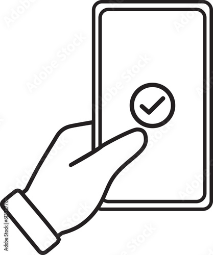 Hand is holding a phone. Successful operation message, confirmation icon flat vector illustration.