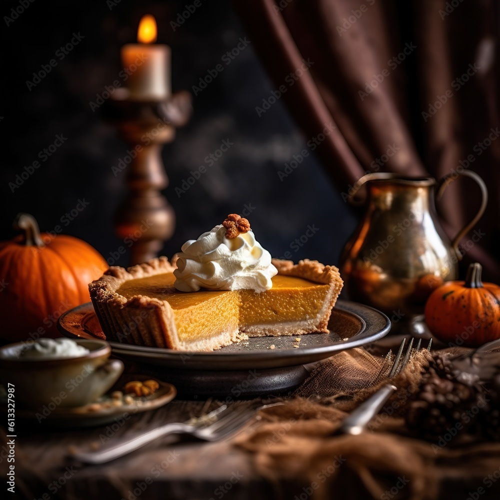 Realistic photo of Pumpkin Pie. Close-Up Food Photography