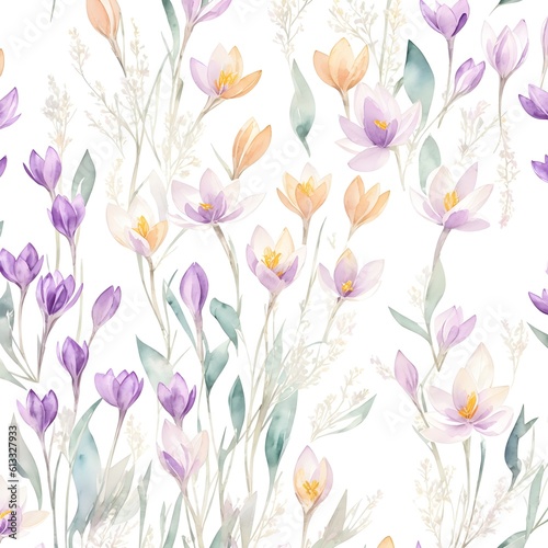 Greeting card with spring crocus flowers  watercolor painting  hand drawing greeting card  watercolor painting. Spring flowers  violet  blue and white crocuses  botanical illustration. Generative AI