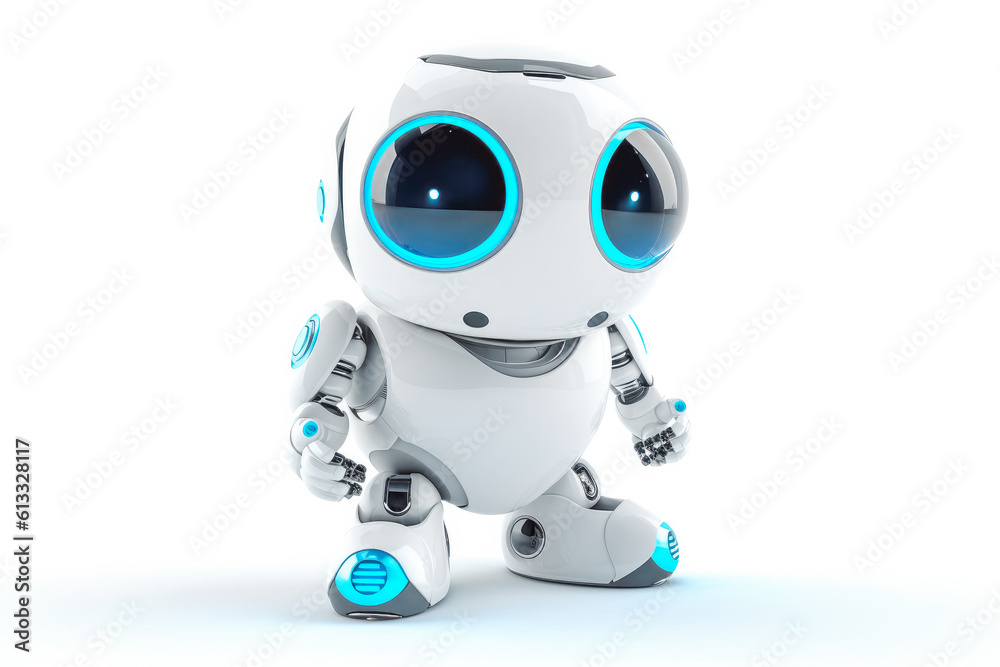 White chat bot standing on a white background, artificial inelegance, robots world. Generative AI White chat bot standing on a white background, artificial inelegance, robots world. Generative AI