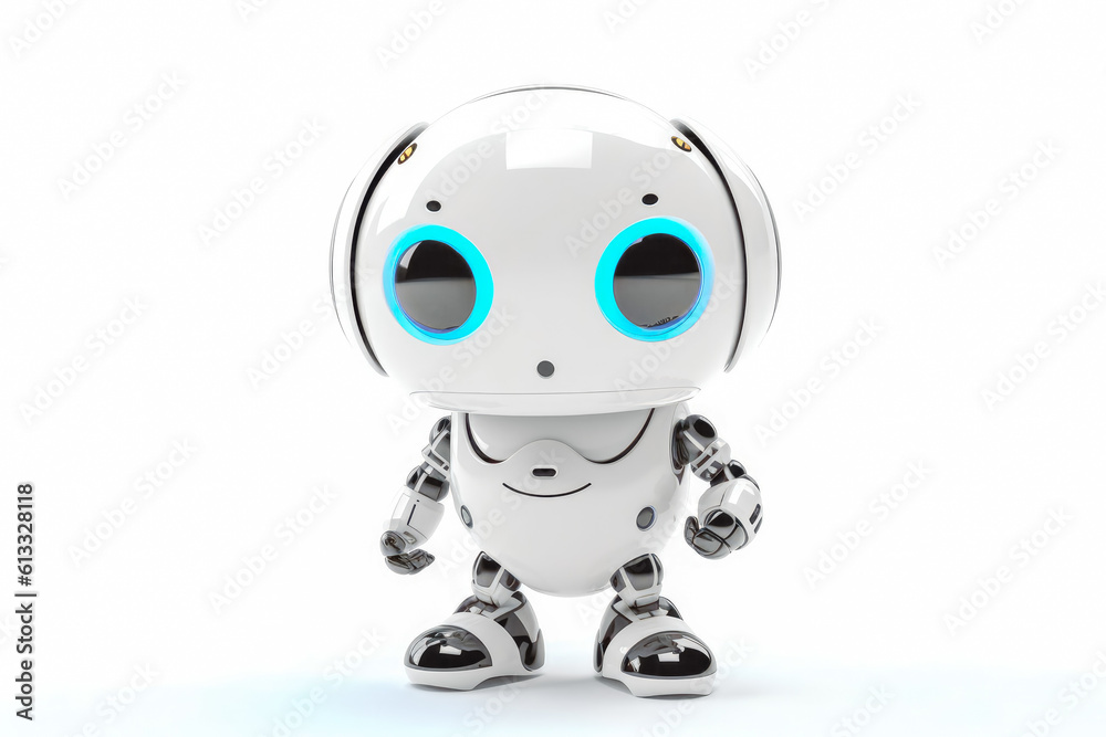 White chat bot standing on a white background, artificial inelegance, robots world. Generative AI