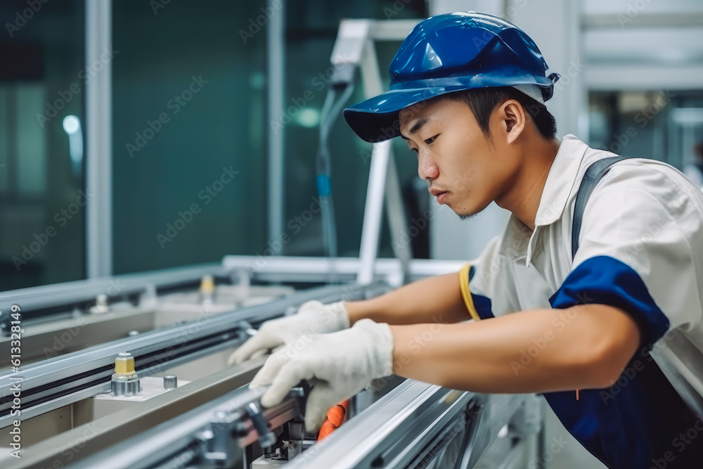 Aluminum and PVC industry asian worker doing their job, making aluminum