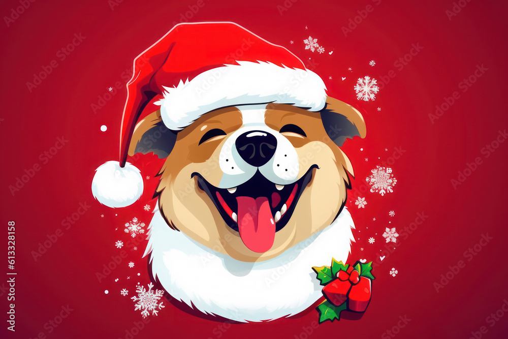Illustration of Christmas Dog in Santa Claus hat, AI generative