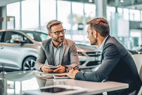 Business agent discussing car dealership contract with his client, car shop in the background. Generative AI