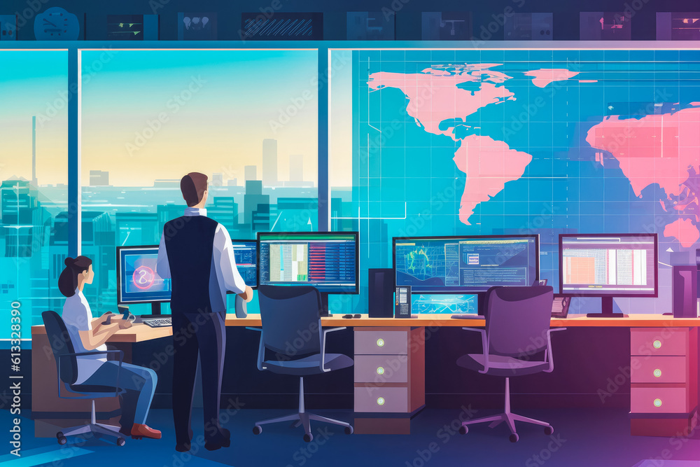 Illustration of humans monitoring logistics and monitoring containers, blue background. Generative AI Illustration of humans monitoring logistics and monitoring containers, blue background. Generative AI