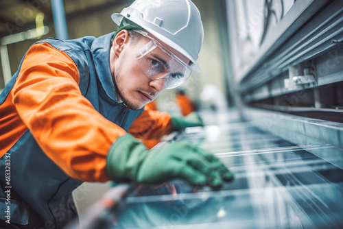 Aluminum and PVC industry male worker doing their job, making aluminum and PVC. Generative AI