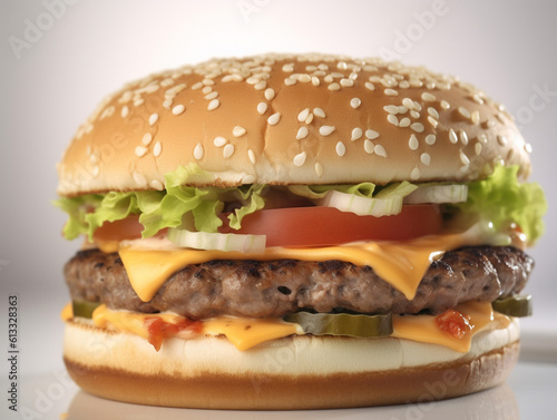 A close-up of an oversized fast food burger on a plain white background. The burger looks greasy and unhealthy. End with a point of focus on the burger.