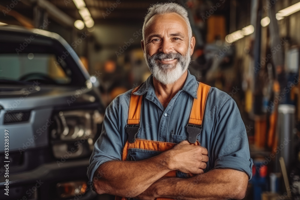 A successful good looking auto-mechanic with beard standing with his arm crossed, mechanic shop in the background. Generative AI A successful good looking auto-mechanic with beard standing with his arm crossed, mechanic shop in the background. Generative AI