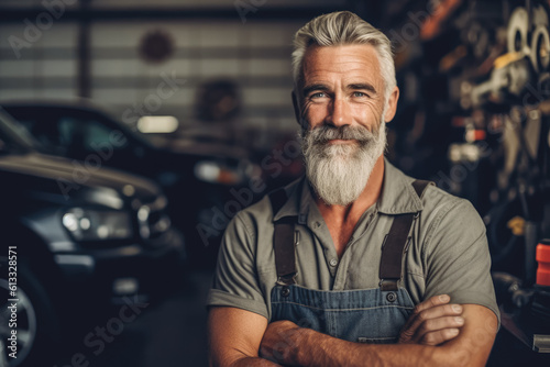 A successful good looking auto-mechanic with beard standing with his arm crossed, mechanic shop in the background. Generative AI