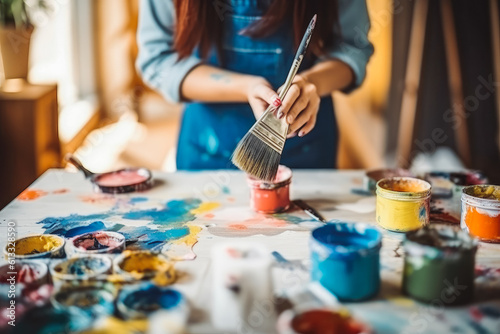 Woman painting with paint brush  indoor design change  beautiful renovation esthetic. Generative AI