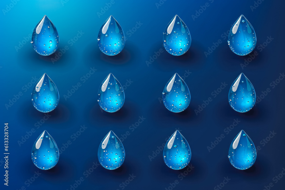 Vector realistic water drops on blue background, rain drops illustration. Generative AI Vector realistic water drops on blue background, rain drops illustration. Generative AI