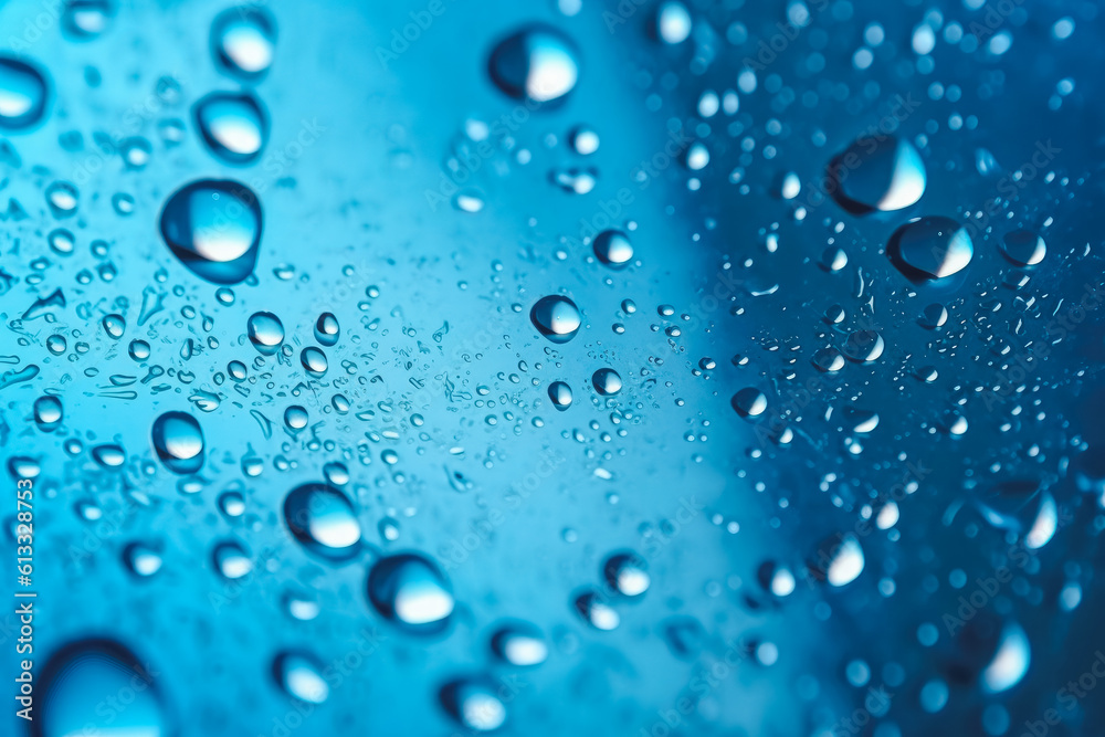 Water drops condensed on a glass window, rainy weather, raindrops, bluish background. Generative AI Water drops condensed on a glass window, rainy weather, raindrops, bluish background. Generative AI