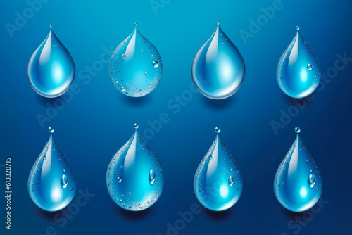 Vector realistic water drops on blue background  rain drops illustration. Generative AI