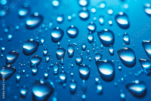 Water drops condensed on a glass window  rainy weather  raindrops  bluish background. Generative AI