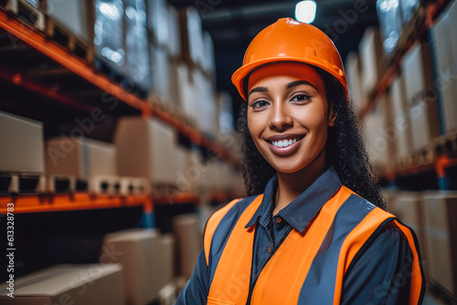 Young smiley woman working in logistic center dressed in high visibility safety apparel. Generative AI © VisualProduction