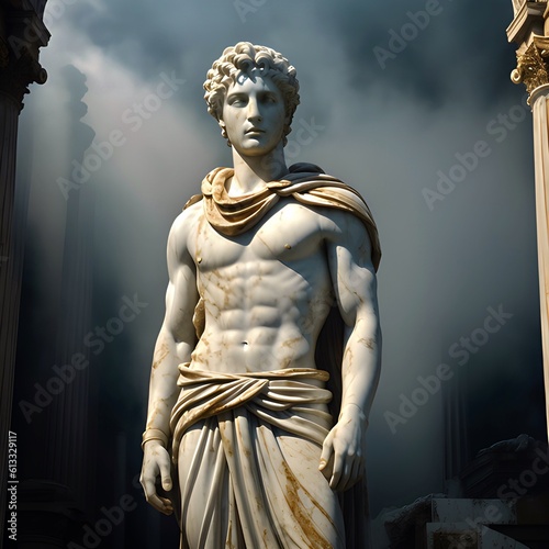 A generative ai image of a white marble statue bust of a roman soldier or the demigod hero Hercules. According to Greek mythology, despite not being a God, Hercules was welcomed into Mount Olympus.
