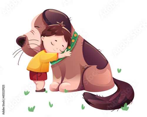 Hugs of a boy and a big dog. Reliable protection for your pet dog. The true friendship of a child with an animal.